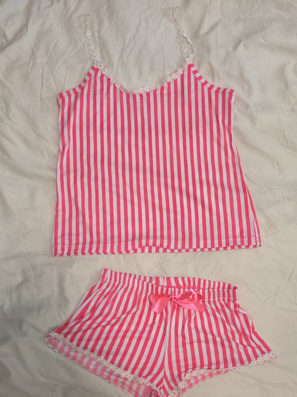 Pink Striped Lace-Trim Cami and Short Pajama Set
